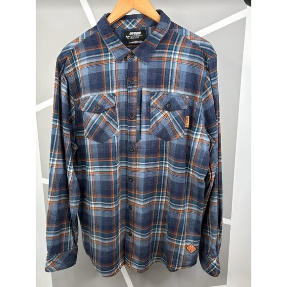 Off The Grid Destroyer Flannel Shirt Men’s XL Blue Orange Plaid Long Sleeve - Picture 1 of 14